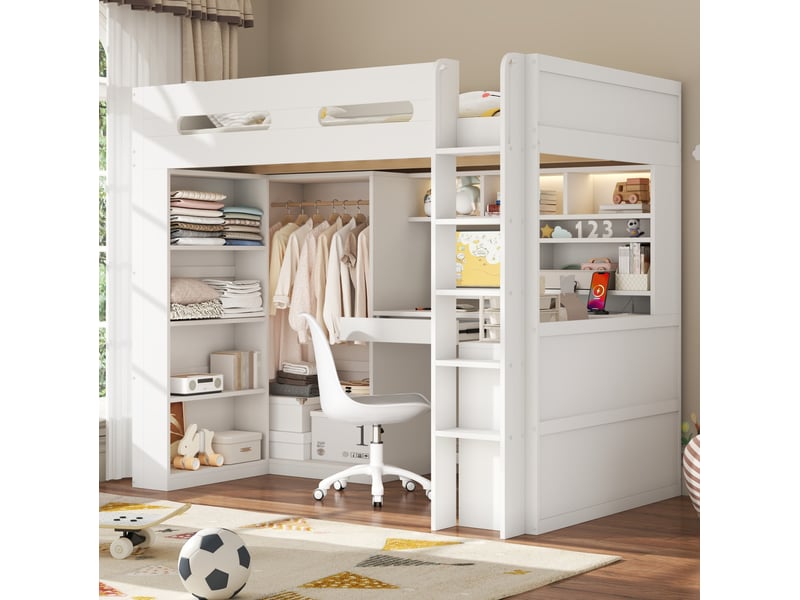  Lit mezzanine 90x200 cm, avec tiroir, plusieurs étagères, bureau intégré sous le lit, éclairage led et port usb, blanc  - Conforama C
