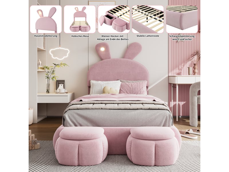  Lit simple 90x200cm, velours rose, tête oreilles de lapin, éclairage led réglable, deux poufs, sommier à lattes  - Conforama C
