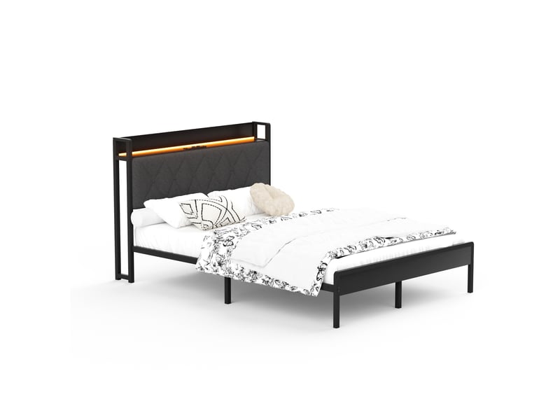  Lit rembourré 140x190 cm avec led multicolore,2 prises secteur+2 usb,rangement sous lit 22,5 cm,structure métal,noir et gris foncé  - Conforama A