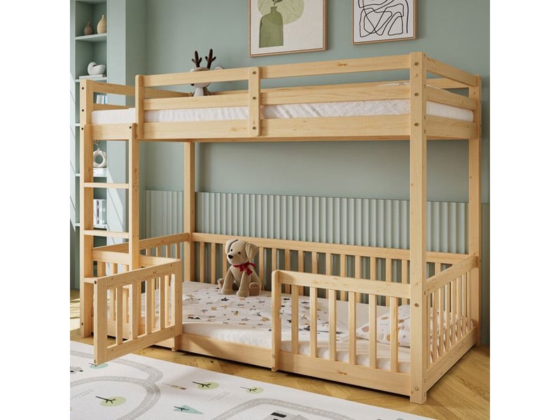  Lit superposé 90x200cm sécurisé en747 - avec porte - escalier droit 3 marches &amp; barrières 360°, pin massif fsc, naturel 204x100.5x150cm - Conforama B