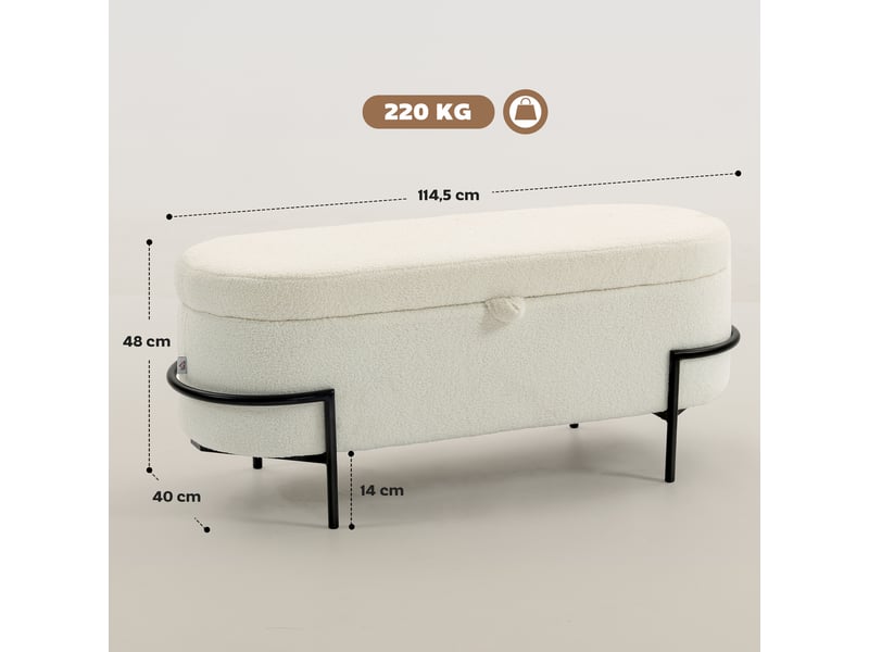  Banc de rangement, crème, banc coffre de rangement en tissu bouclette avec couvercle relevable et pieds en acier  - Conforama C