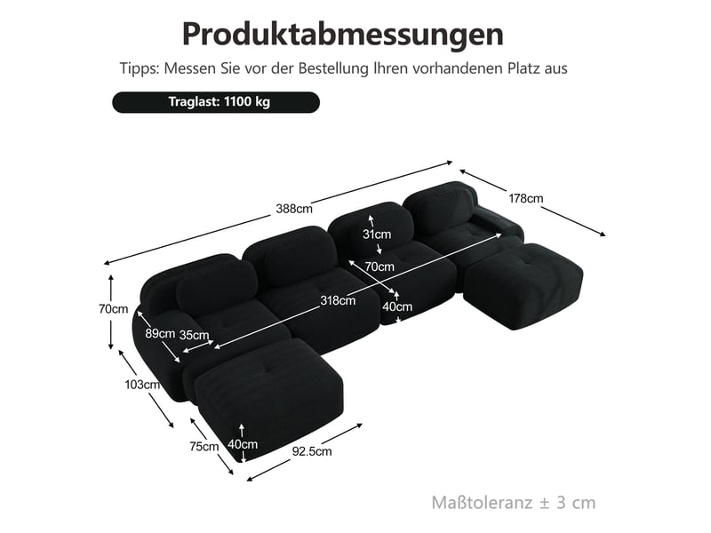  Canapé modulaire u 388x178x70 cm, 4 places, prêt à installer, velours côtelé, noir  - Conforama C