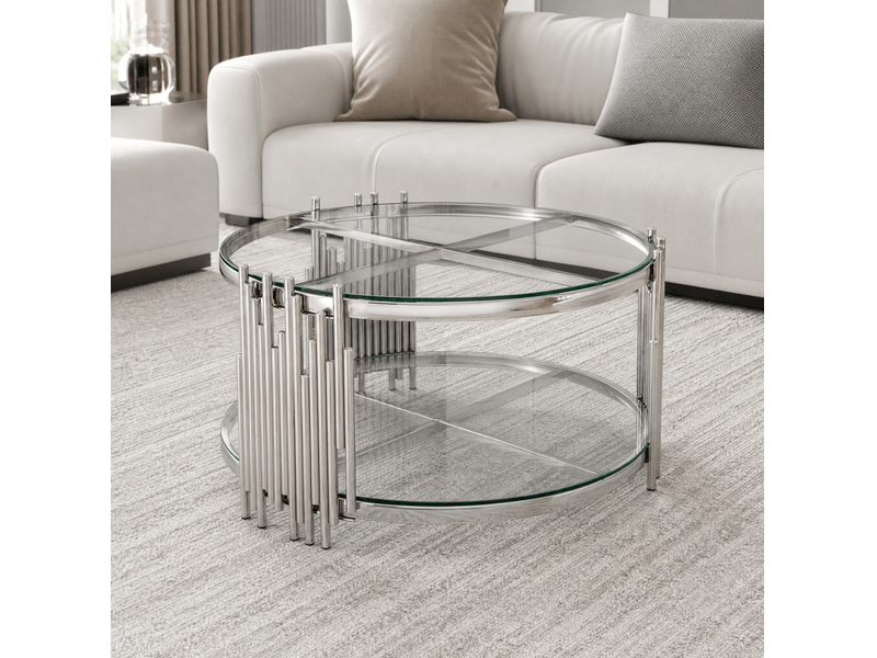  Table basse ronde 80x80x45 cm avec double niveau en métal argenté et transparent, élégant, pour salon, design moderne  - Conforama E