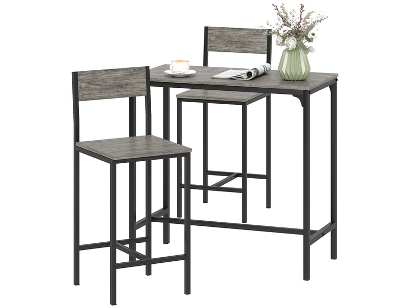  Ensemble table de bar avec tabourets, table à manger debout avec 2 chaises de bar, repose-pieds et dossiers, gris  - Conforama B