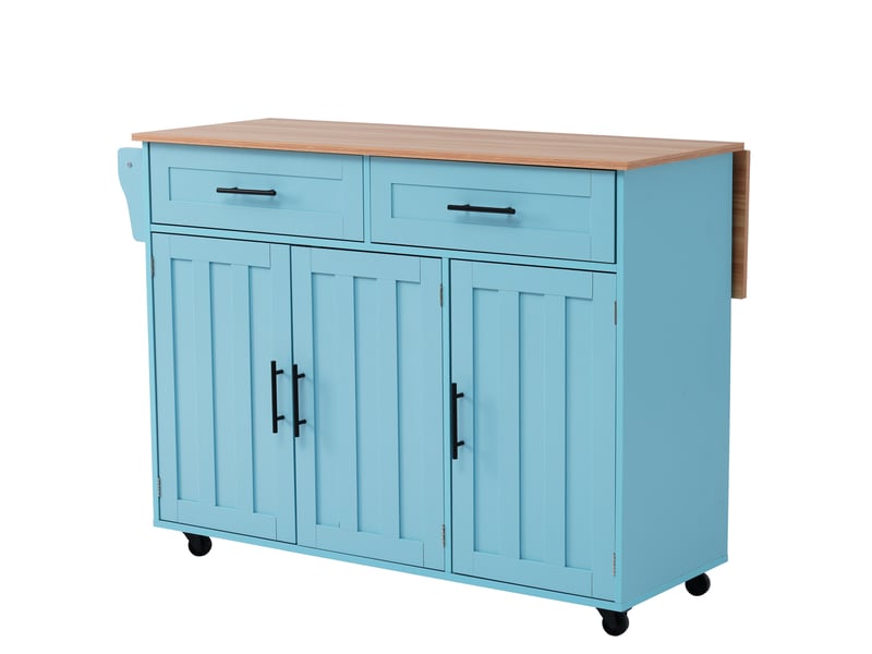 Buffet rétro bleu 129x46x91,5 cm en bois massif avec plateau rabattable, rangement et roulettes, meuble cuisine ou salle à manger - Conforama A