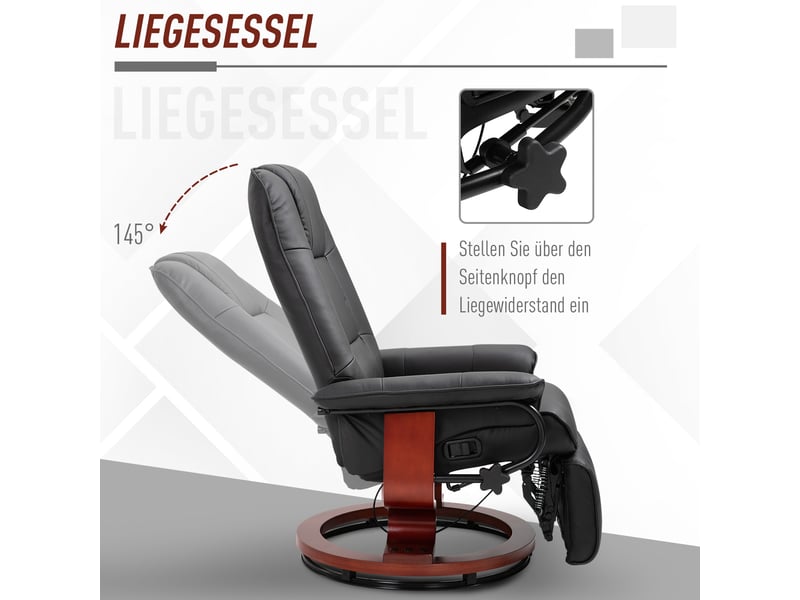Fauteuil relax inclinable avec repose-pieds, fauteuil tv pivotant en simili cuir noir, base en bois pour salon - Conforama D
