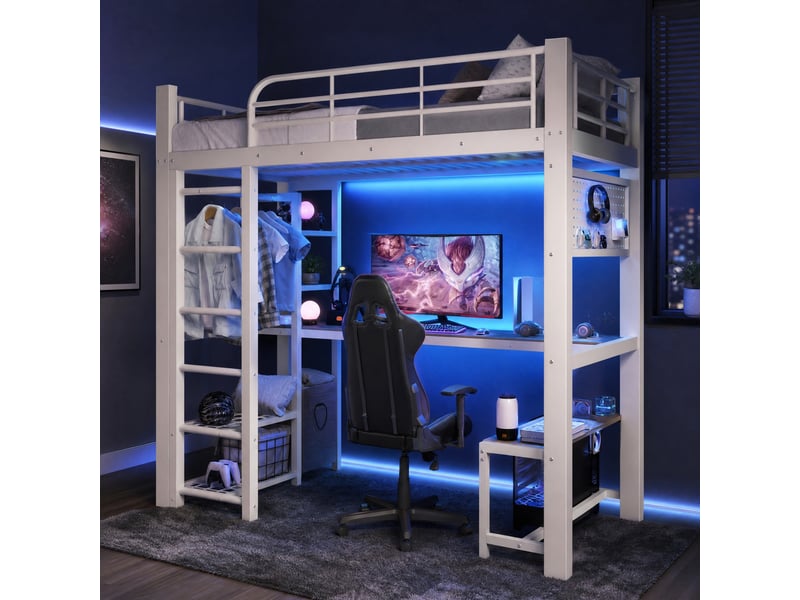  Lit mezzanine 90x200 cm avec éclairage led et bureau en métal blanc  - Conforama C