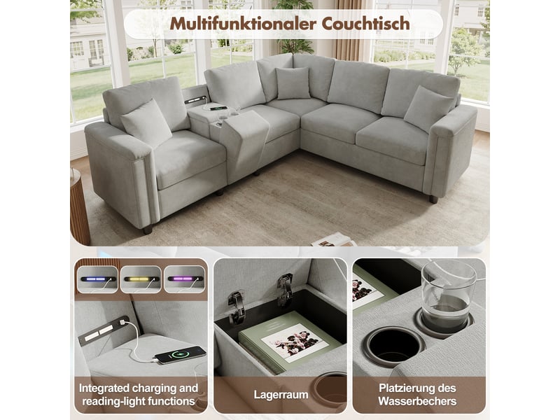  Canapé d'angle 5 places avec rangement, porte-gobelets, usb, type-c et liseuse en chenille gris clair, 235×208×83 cm  - Conforama E