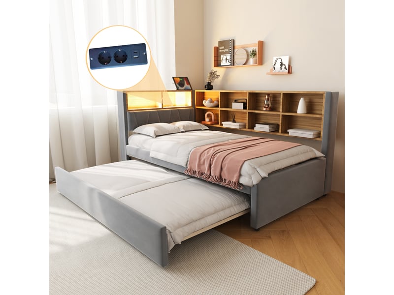  Canapé-lit 90x200 gris foncé, lit gigogne 90x190, led, prises et rangements  - Conforama D