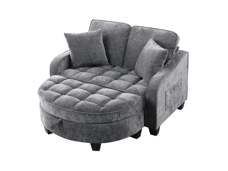Canapé convertible 1 place, lit d’appoint 1 personne, 132x129x93 cm, canapé-lit 2 en 1, pouf coffre, tissu chenille, bois d’eucalyptus, gris foncé - Conforama A