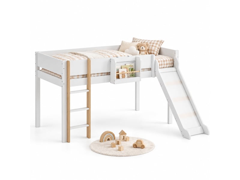 Lit mezzanine enfant 90x200 cm avec toboggan et étagère amovible, lit surélevé avec garde-corps, en pin et mdf, blanc et naturel - Conforama A