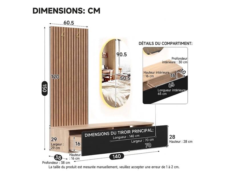  Armoire en rotin 135x47x200 cm avec 2 penderies et 6 tiroirs couleur chêne  - Conforama W