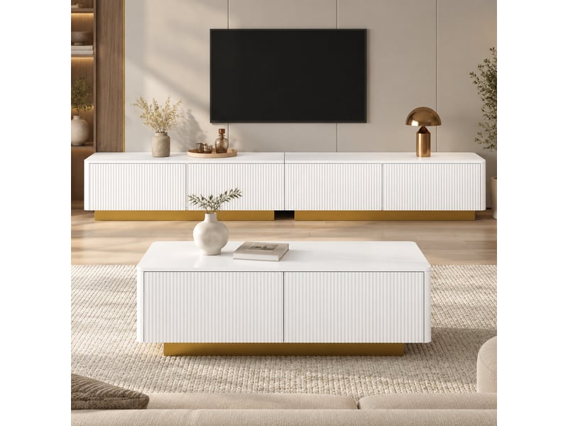 Meuble tv et table basse avec rangements, façades rainurées et socles dorés, pour salon moderne, blanc - Conforama B
