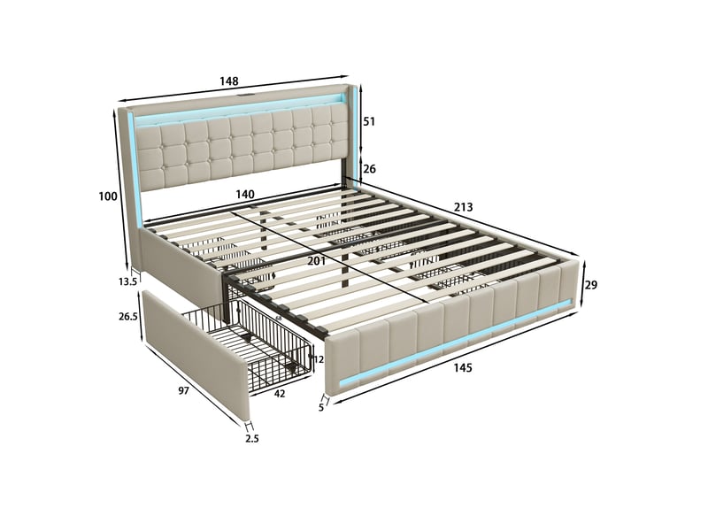  Lit adulte 140x200 avec 4 tiroirs de rangement et led rgb - tête de lit connectée usb &amp; usb-c - tissu beige foncé moderne  - Conforama E