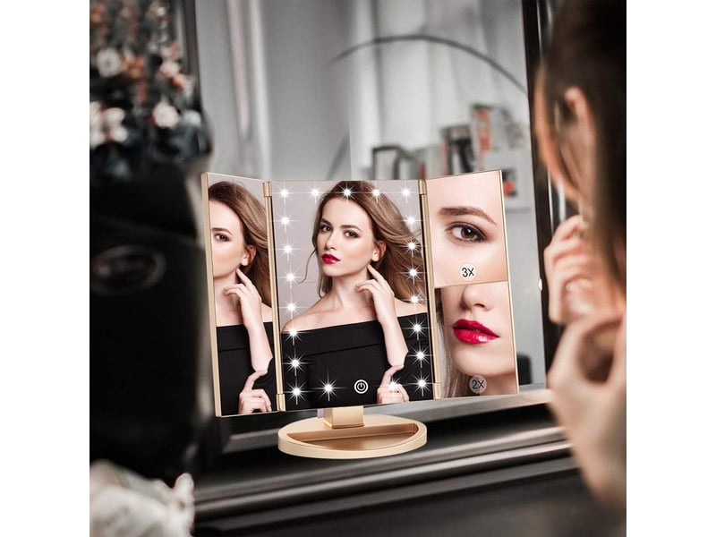  Miroir de maquillage 22 led – grossissement 1x2x3x, tactile, or  - Conforama C