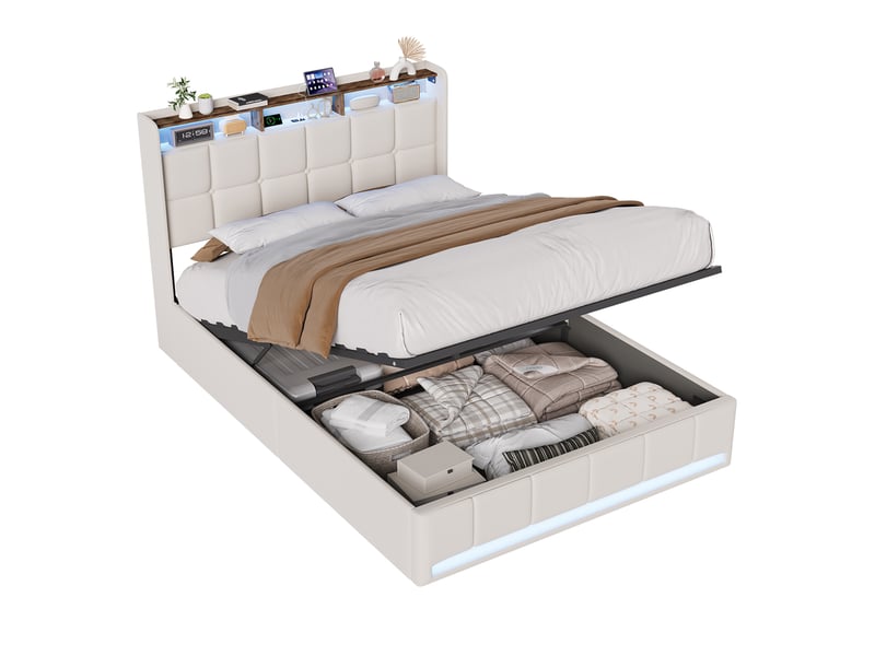 Lit adulte coffre 140x190 cm avec rangement intégré et tête de lit à ailes, lit 2 places avec niche de rangement, tissu lin beige, sans matelas - Conforama A