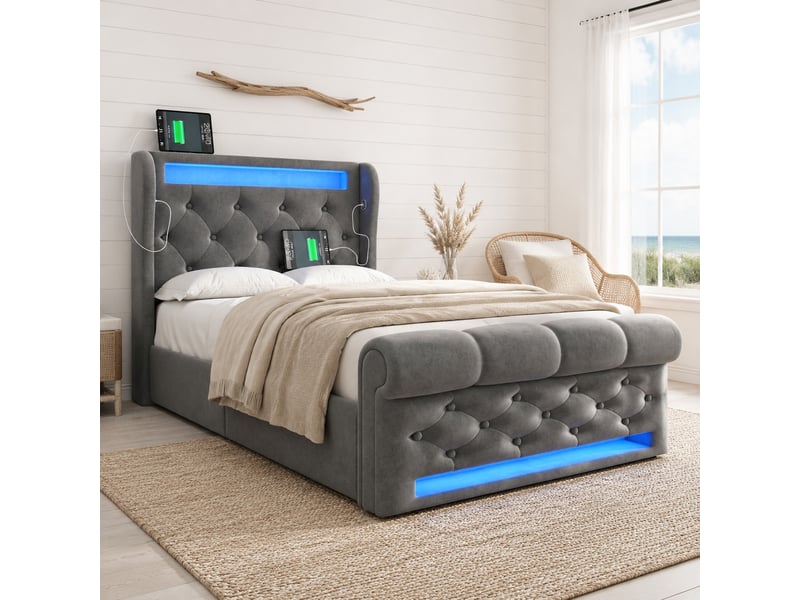  Lit coffre simple 90×200 cm avec tête rembourrée, led, usb et type-c - okmyhome- en velours gris, matelas inclus  - Conforama B