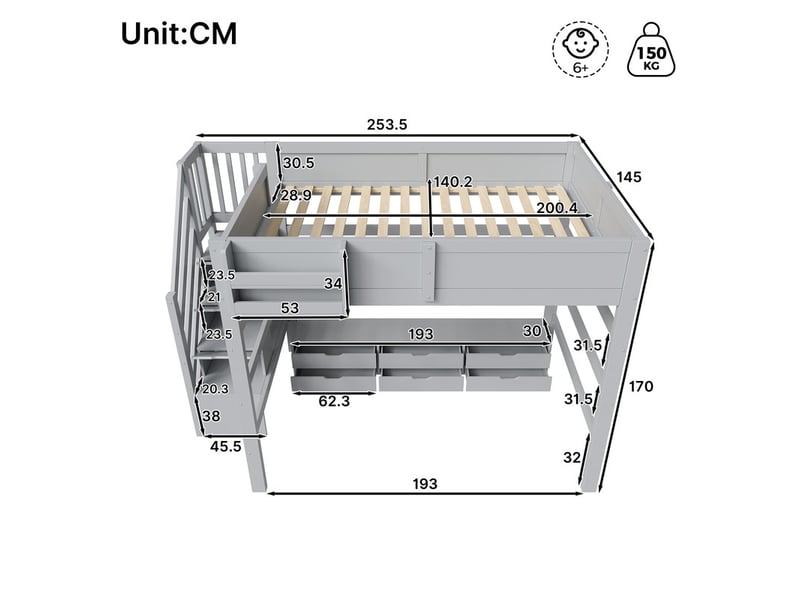  Lit mezzanine 140x200cm avec 6 tiroirs, grand espace de rangement sous le lit et escalier avec rangements intégrés, gris  - Conforama C