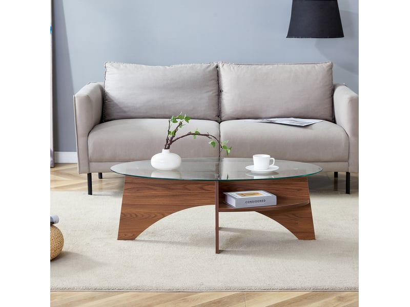  Table basse ovale avec plateau en verre de sécurité et tablette de rangement, supports en mdf finition noyer pour salon  - Conforama B