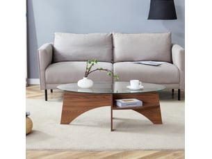 Table basse ovale avec plateau en verre de sécurité et tablette de rangement, supports en mdf finition noyer pour salon