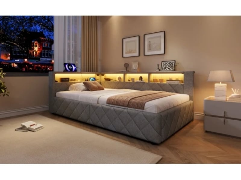  Canapé-lit, 90 x 200 cm, rangement hydraulique, avec bandeau led, avec port usb, sans matelas, lin  - Conforama D