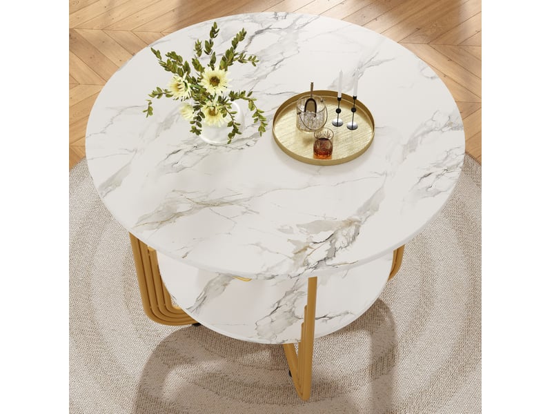  Table ronde, 80x80x76 cm, plateau imitation marbre épais, plateau en mdf, design moderne, pratique, mdf, coloris dorée  - Conforama E
