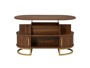 Table basse ovale relevable en mdf avec rangement, porte coulissante et structure acier