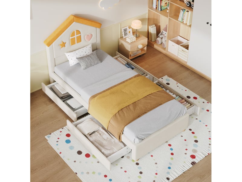  Lit enfant 90x200 cm avec 4 tiroirs en velours beige  - Conforama D