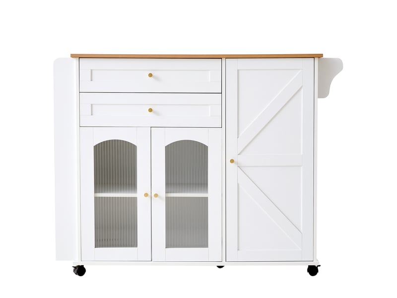 Îlot de cuisine - 2 tiroirs - rangements intégrés - portes vitrées - plateau rabattable - sur roulettes - meuble de cuisine - blanc CozyNest - Conforama A