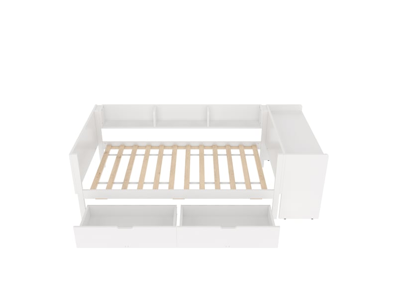  Lit simple 90x200cm bureau intégré 2 tiroirs 3 tablettes barrières hautes pin+particules blanc sans matelas  - Conforama E