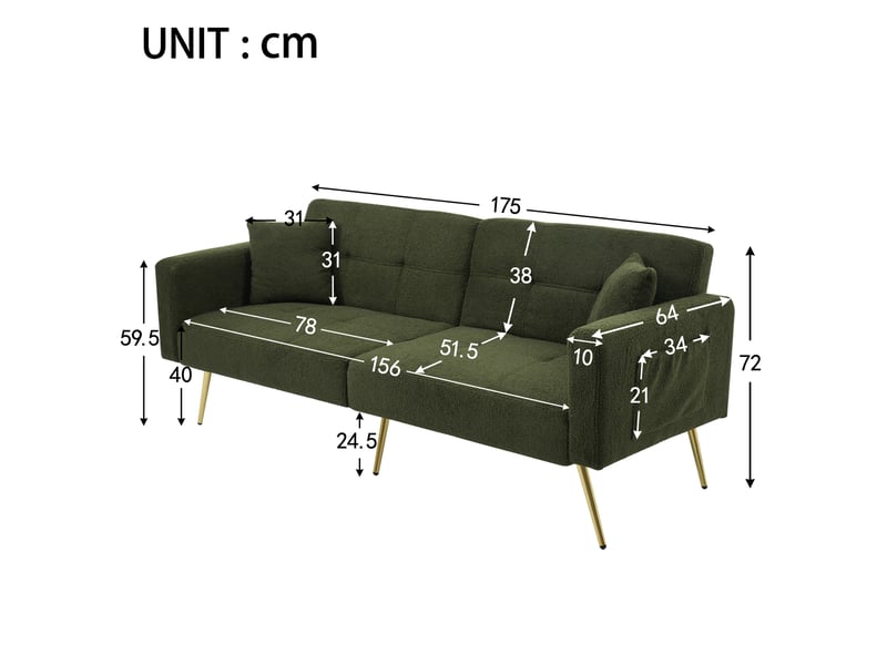  Canapé droit convertible 2 places 175 cm vert antique en sherpa, dossier 3 positions, poches latérales et pieds dorés Fay Lum - Conforama C