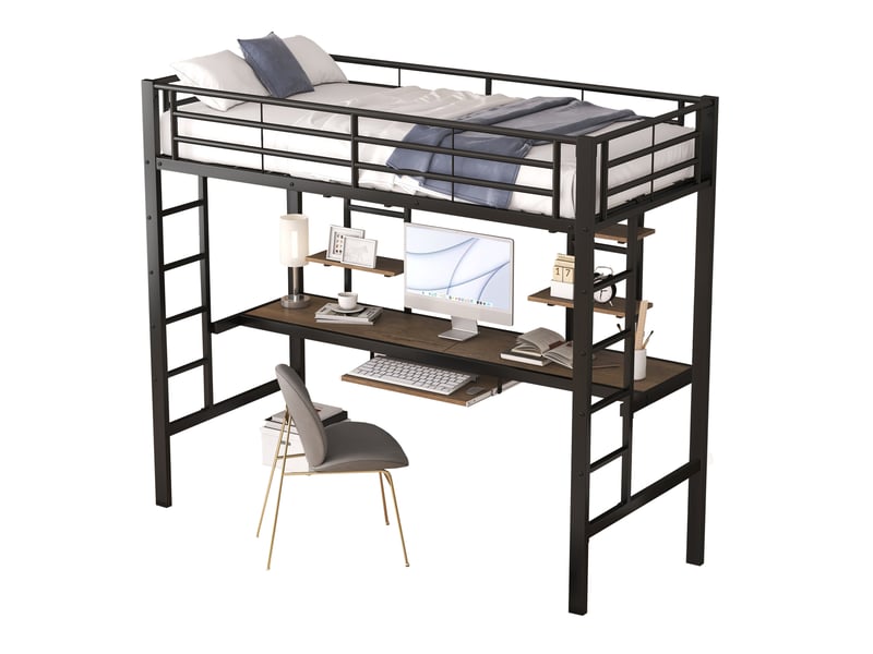 Lit mezzanine 90x200 cm avec bureau et 2 étagères en métal noir  - Conforama A