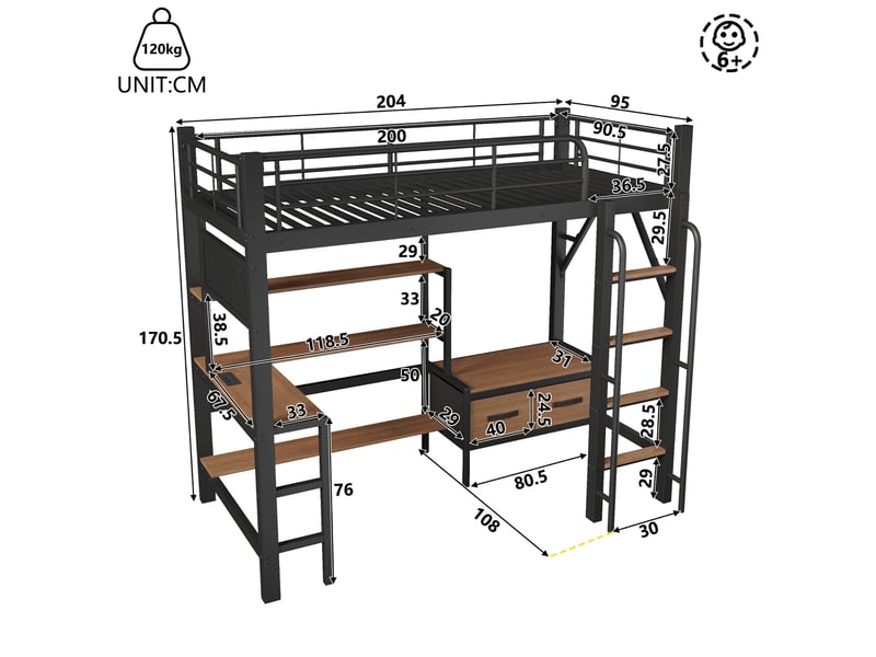  Lit mezzanine 90x200 cm avec bureau et rangements métal mdf noir sans matelas  - Conforama E