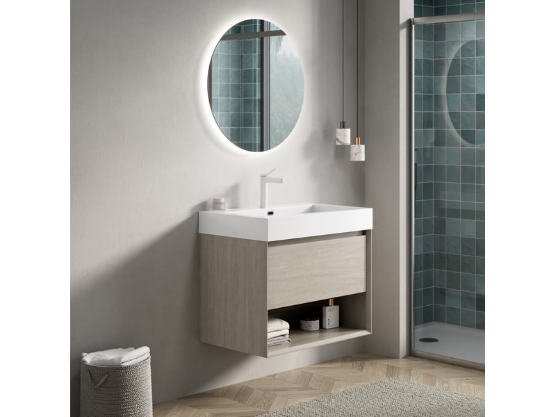  Meuble vasque de salle de bain mural 70x46x60 cm avec vasque intégrée rectangulaire blanche, 1 tiroir et 1 niche ouverte, préassemblé, chêne clair et blanc  - Conforama E