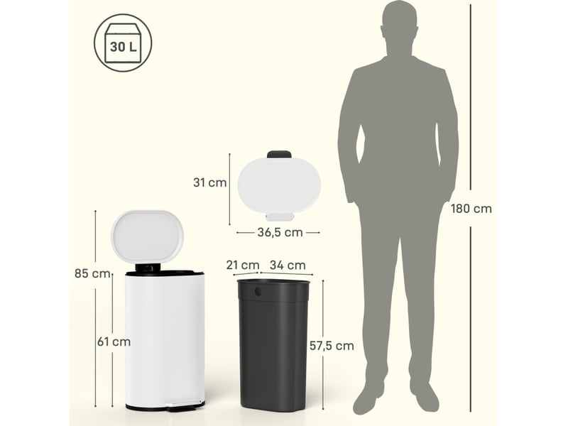  Poubelle de cuisine 30 l 36,5x31x61 cm à pédale avec couvercle à fermeture en douceur métal blanc crème  - Conforama C