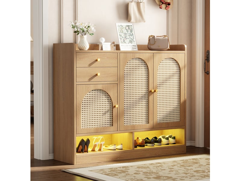  Meuble à chaussures tcqpz 120 x 35 x 100 cm 3 portes en rotin 2 tiroirs led naturel  - Conforama D