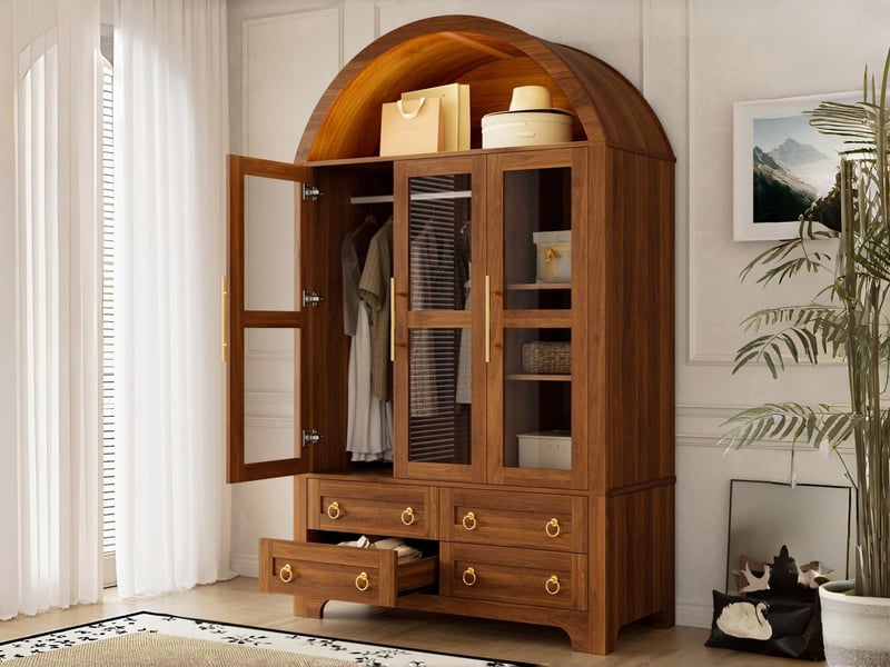  Armoire à 3 portes vitrées et 4 tiroirs, 110 x 50 x 186 cm, avec éclairage led, tringle intégrée et étagères, couleur noyer  - Conforama B