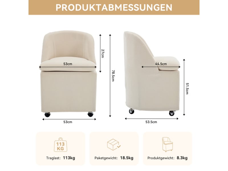  Chaise rembourrée chenille beige (lot de 2) - roulettes universelles - sans accoudoirs - housse amovible  - Conforama C