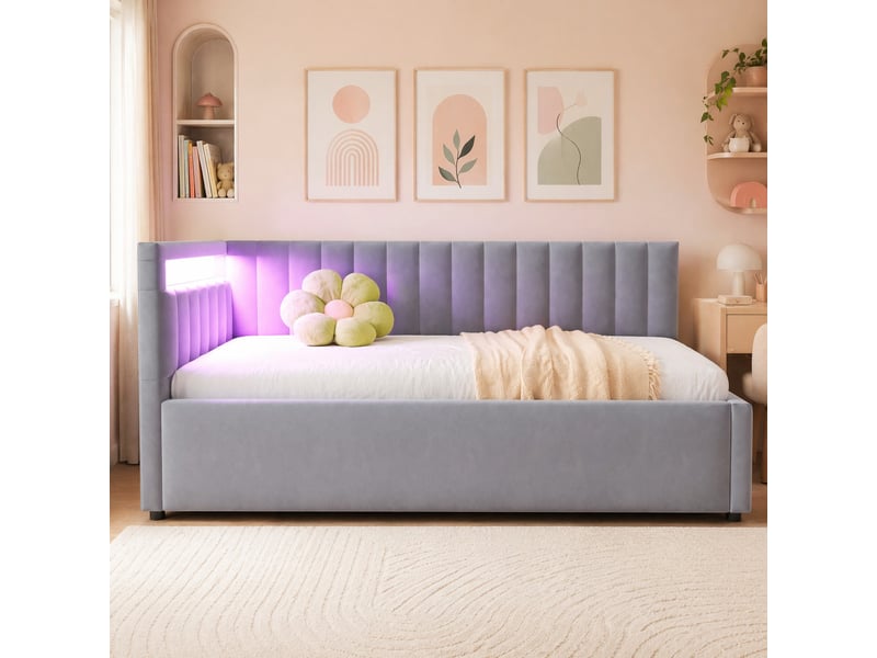  Lit banquette 1 place en velours gris avec coffre hydraulique, led et dossier réversible, 90x200 cm, sans matelas  - Conforama B