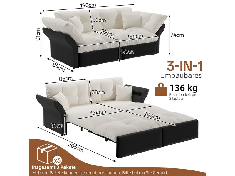  Canapé-lit 3 en 1, 2 places, 190x85x91 cm, style capitonné, 2 coussins inclus, gain de place, velours beige et blanc sans matelas  - Conforama C