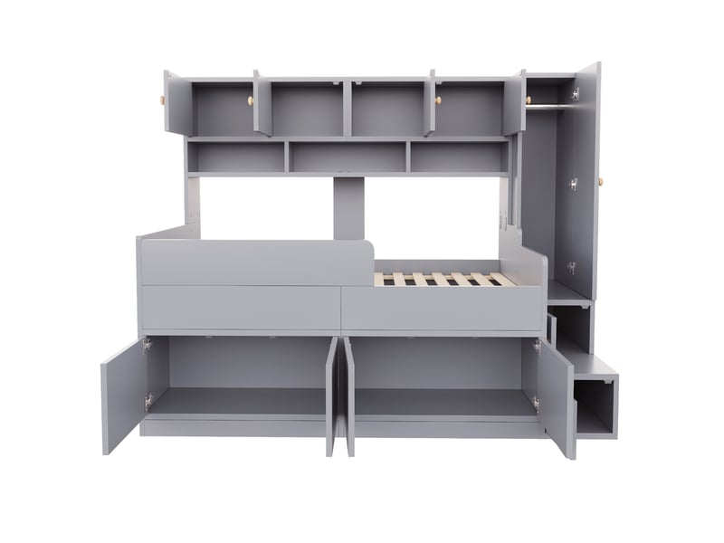 Lit enfant 90x200 cm, lit combiné avec rangement et led, gris, sans matelas - Conforama E