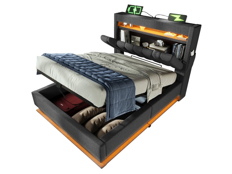  Modenvie lit coffre 90x200 cm - avec led, ports usb-c et rangement, matelas inclus - gris  - Conforama A