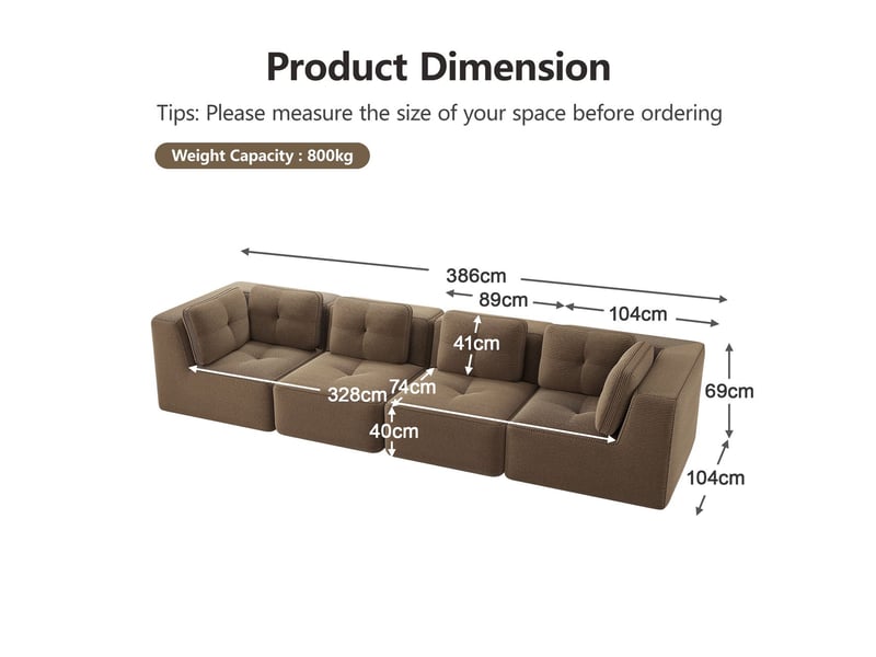 Canapé modulable 4 places sans structure revêtement en cord assise profonde coussins moelleux antidérapant - Conforama C