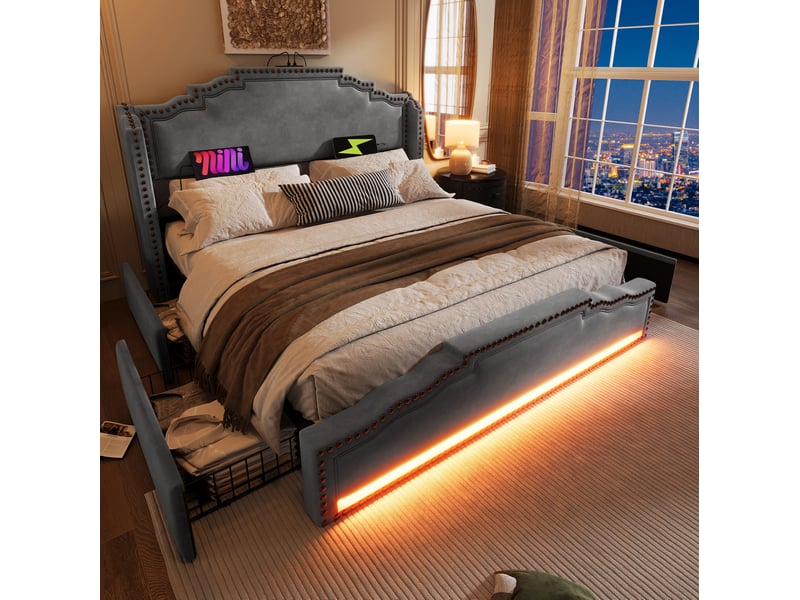  Modenvie lit double avec rangement 140x200 cm - 4 tiroirs, led et ports usb-c, avec matelas - gris  - Conforama E