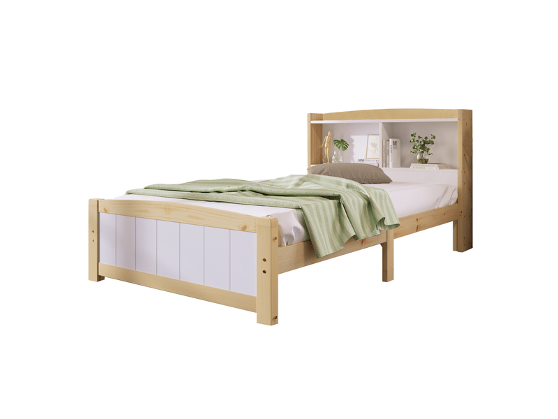  Lit simple 90x200 cm avec tête de lit de rangement et sommier à lattes, bois+mdf, naturel et blanc sans matelas  - Conforama A