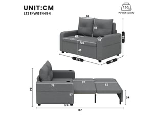 Canapé convertible 2 places 3 en 1 gris en tissu aspect lin, avec fonction lit, usb et espace de rangement, longueur dépliée 187 cm