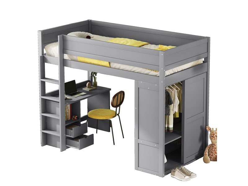Lit Mezzanine Enfant 90x200 Cm Avec Bureau Et Rangements - Pin, Gris, Escalier, Capacité 120 Kg - 6