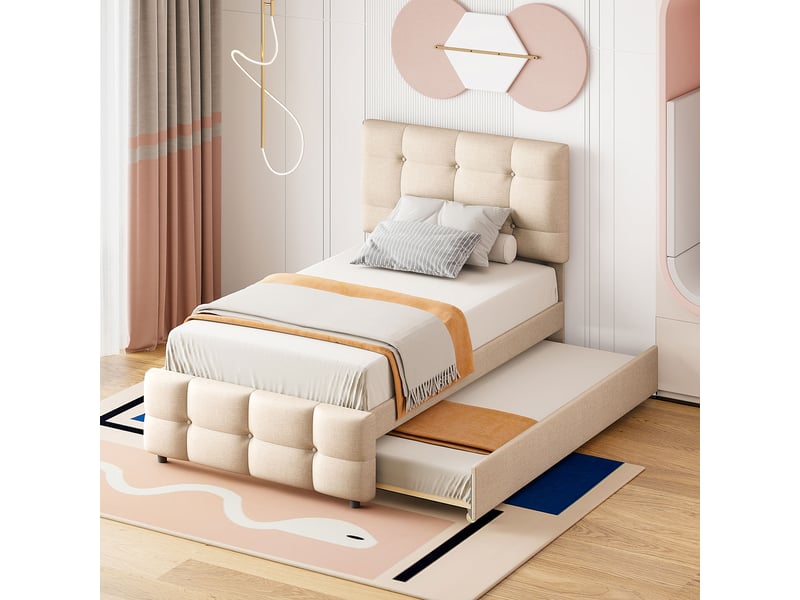  Lit enfant rembourré 90 x 200 cm avec couchage gigogne - tête réglable, tissu lin beige  - Conforama B