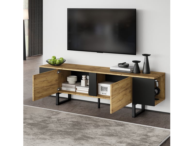  Banc tv 180x40x55 cm – bois naturel et noir – rangement fermé et ouvert pour téléviseur jusqu'à 75 pouces  - Conforama E