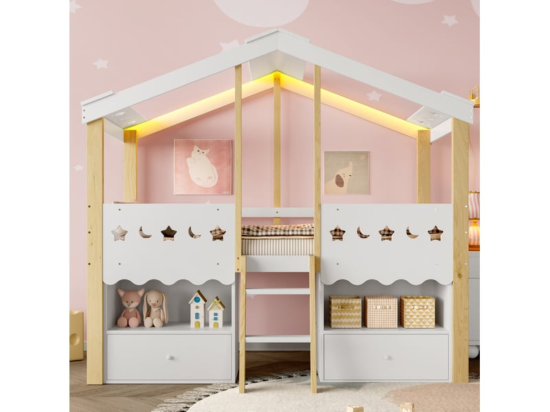  Lit semi-hauteur enfant 90x200 cm maison avec led et 2 tiroirs blanc naturel  - Conforama E
